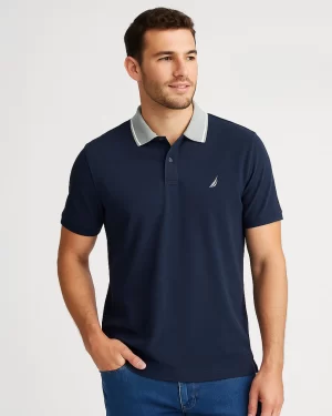 Polo Nautica Hombre Azul Marino Cuello Gris